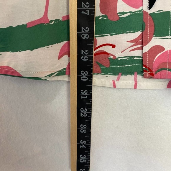 VSTR Button Up Shirt Collar Flamingo Pattern Striped Green White Short Sleeve L - Picture 7 of 9